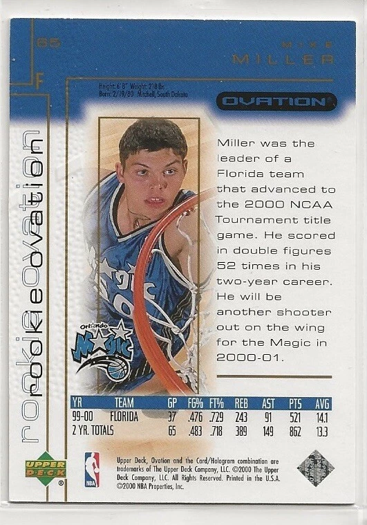2000-01 UPPER DECK OVATION MIKE MILLER 1273/2000 ROOKIE MAGIC #65 - Image 2 of 2