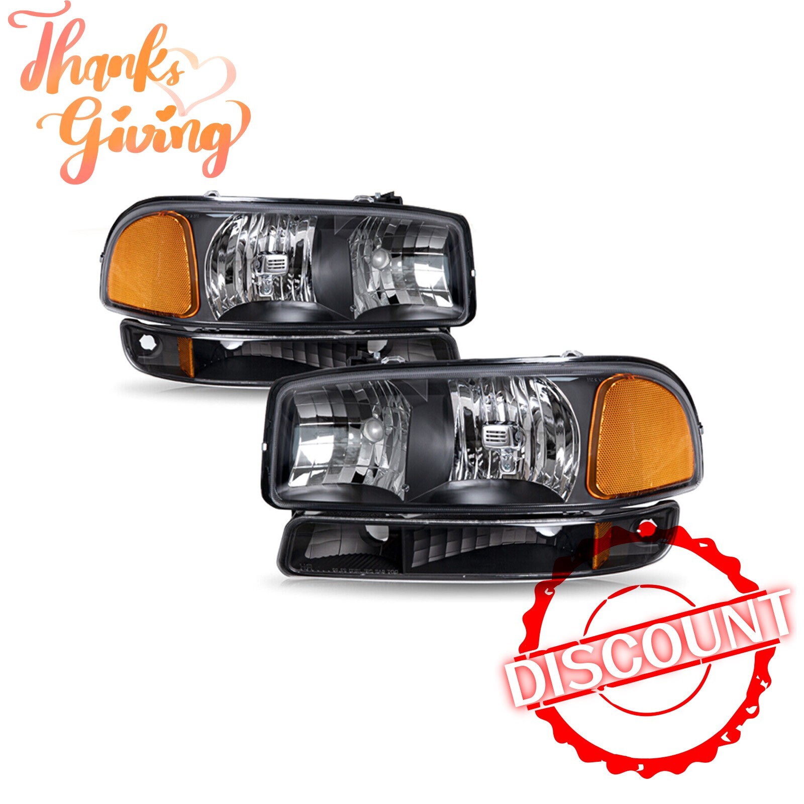 Headlights+Bumper Lamps For 1999-2007 GMC Sierra Yukon 4Pcs Black Housing Amber