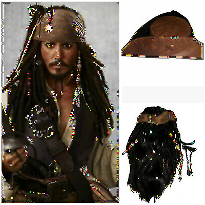 Pirates of the Caribbean Captain Jack Sparrow Cosplay braune Perücke Hut Bart - Bild 1 von 1