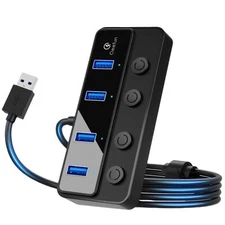 Qeefun 4-Port USB 3.0 Hub, Individual LED Power Switches, USB Multiport Split...