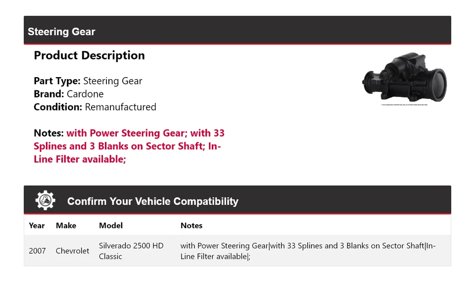For 2007 Chevrolet Silverado 2500 HD Classic Steering Gear Cardone - Image 2 of 4