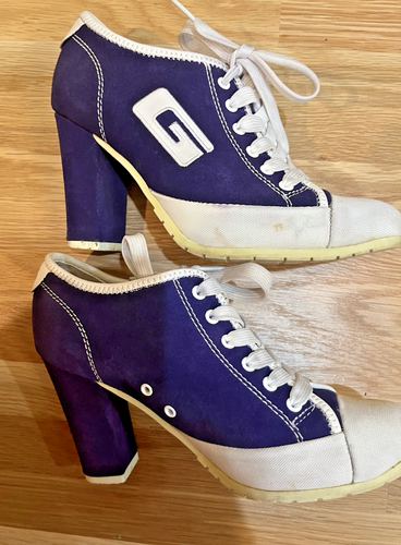 VINTAGE GUESS SNEAKERS-SHOES BLUE/WHITE SUEDE UPPER 3” BLOCK HEELS SZ 6.5 - Picture 4 of 8