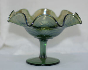 Helio-Green-Carnival-Glass-Comport-Scroll-Design-Ruffled-Edge-Imperial-Glass