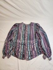 Vintage Eva Laurel Paris Metallic Striped Button Back Blouse Purple Teal Size 12