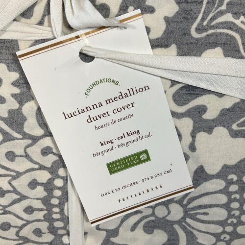Pottery Barn Lucianna Medallion King Cal Duvet and 2 Euro Shams Gray NEW - Picture 3 of 9