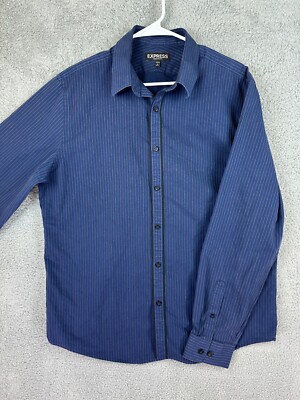 Express Shirt Mens Large 16.5 Modern Fit Blue Pine Striped Long Sleeve Button Up