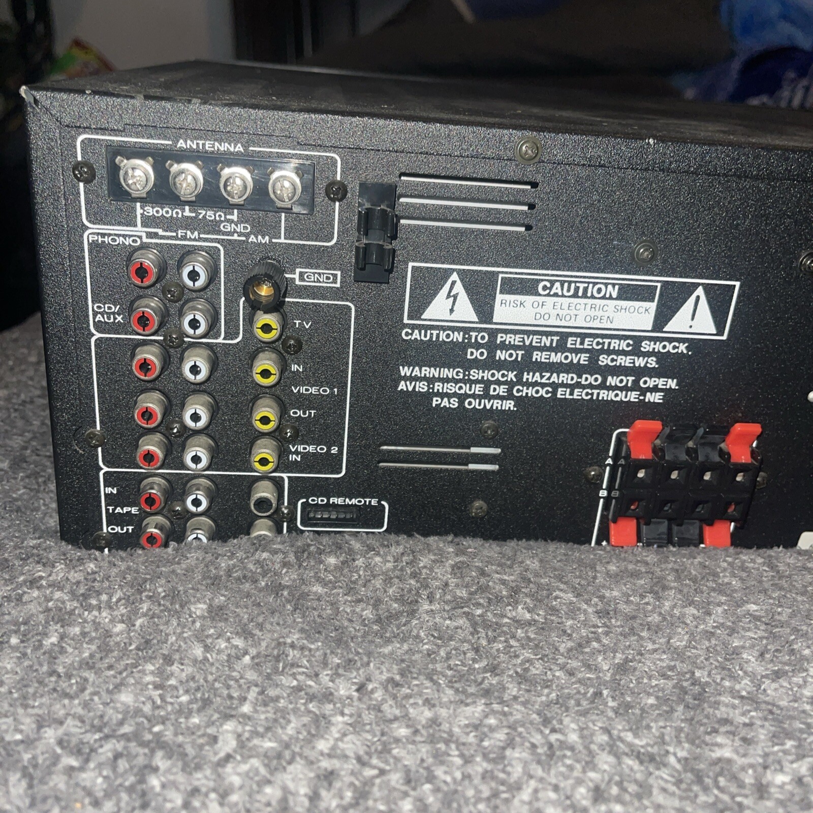 Back panel of Marantz ST-100 tuner and PM100 amplifier with antenna, phono, CD, tape, and video input ports.