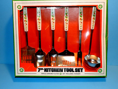 VTG KMART 7 PIECE CHROME KITCHEN TOOL SET + HANGER STRAWBERRIES SANYEI JAPAN NEW