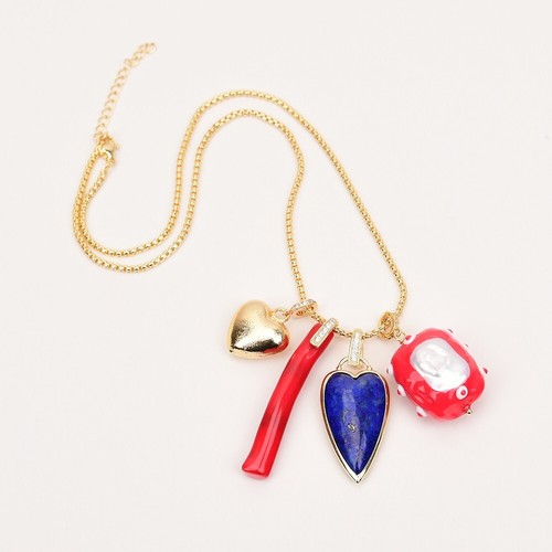 18'' Natural Blue Lapis lazuli Enamel Glaze Pearl Coral Charms Chain Necklace - Picture 6 of 7