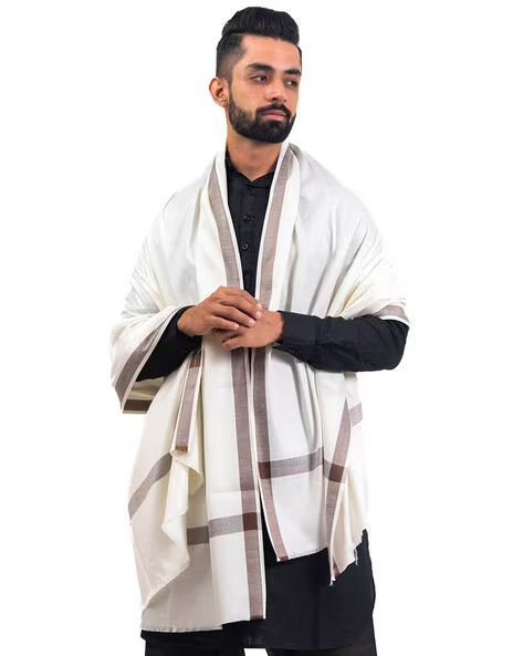 Châle Pashmina En Laine Pour Hommes/unisexe - Blanc Brodé Style Indien - 45x90 Pouces - Neuf