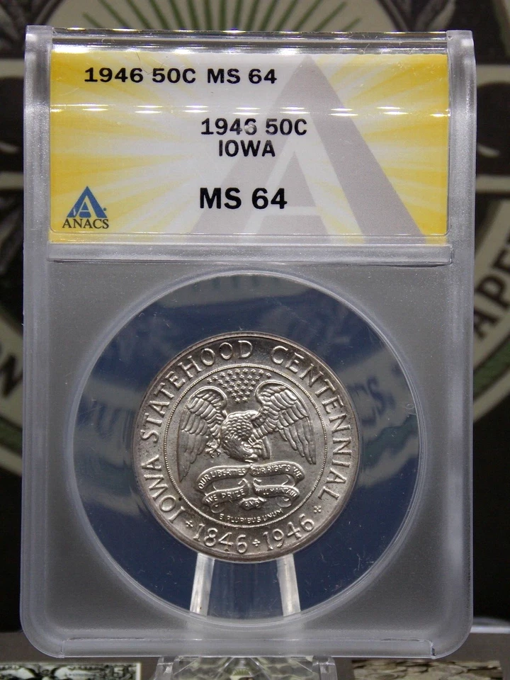 1946 Commemorative **IOWA** Silver Half Dollar 50c ANACS MS64 #060 BU Unc ECC&C - Image 3 of 4