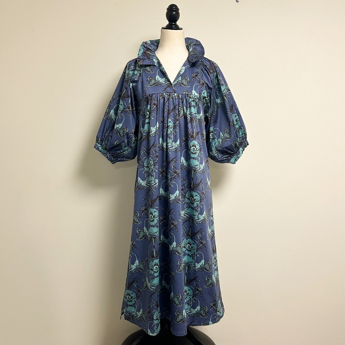 Emily Mccarthy Stella 3/4 Blouson Sleeve Ruffle Collar Empire Midi Floral  Dress