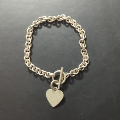 Silver Tone Chain with Heart Toggle Style Statement Bracelet