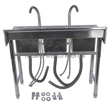 39.3 Inch Free Standing Three-Bowls Style Kitchen Sink with Faucet  Drain Pipe