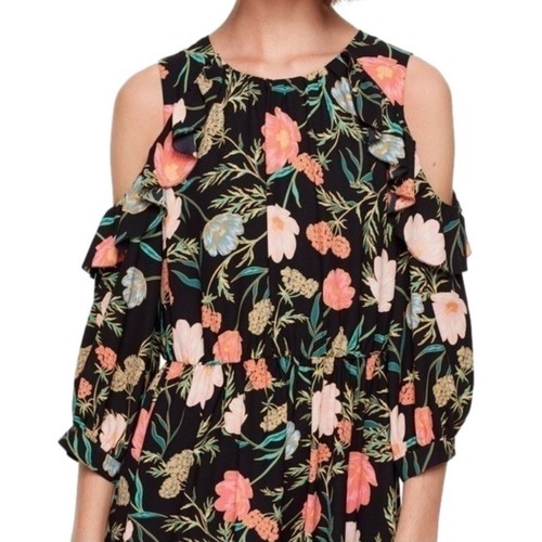 Abito Kate Spade Blossom floreale con volant nero spalle fredde - Foto 7 di 10