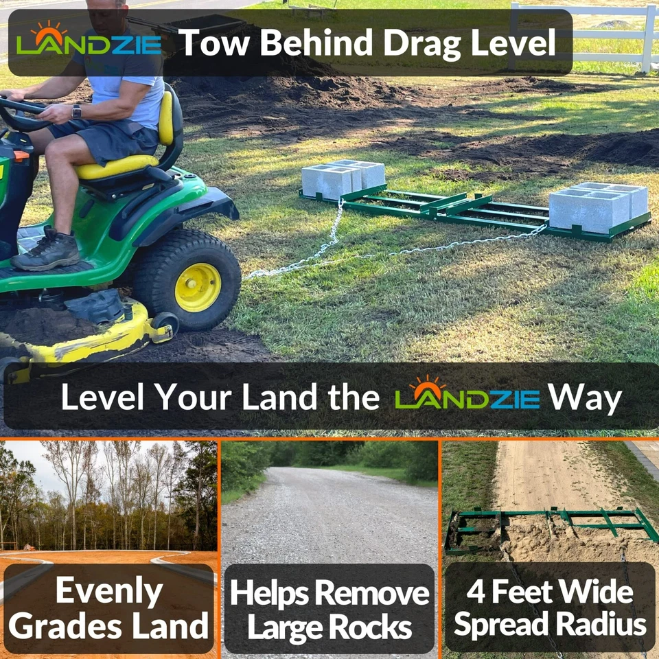 Grada de arrastre LANDZIE niveladora de calzada para ATV, UTV - 4 pies tractor remolque detrás rastrillo Foto 2 de 4