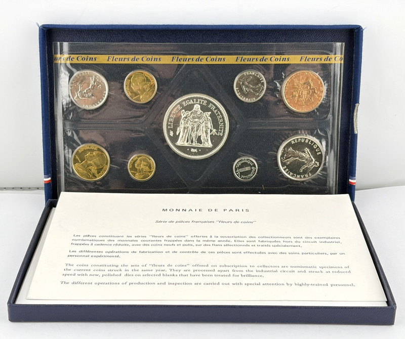 1976 France Monnaie De Paris FDC 9 Coin Set w/ Silver 50 Francs Fleurs Box & COA