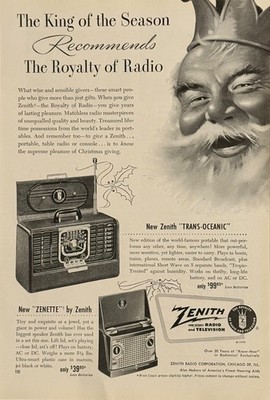 Zenith Radio Television 1949 Print Ad Christmas Santa Claus Zenette TransOceanic