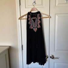 THML Black Halter Dress Embroidered Tassels Lined Boho Hippie Women XS