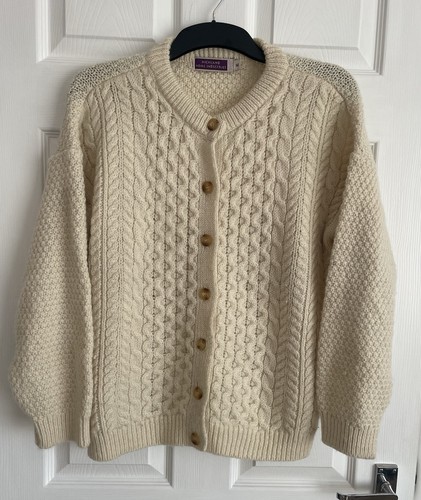 Highland Home Industries Aran Strickjacke Wolle Fischer Zopfmuster Creme - Medium