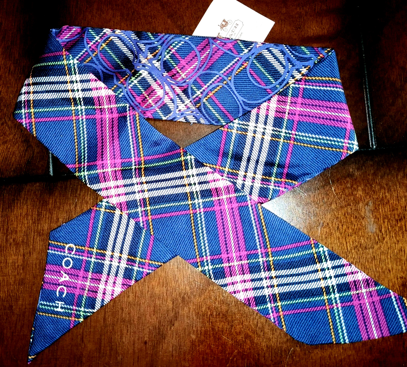 NWT COACH *RARE* SIGNATURE TARTAN PLAID SILK PONY SCARF MULTI COLOR NAVY BLUE image 2