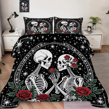 Red Rose Skull Bedding Set for Teens Adults Women Queen Size, 1 Comforter 2 Pill