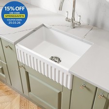 605 x 405mm Fluted Ceramic Belfast Kitchen Sink Single Bowl & Chrome Waste