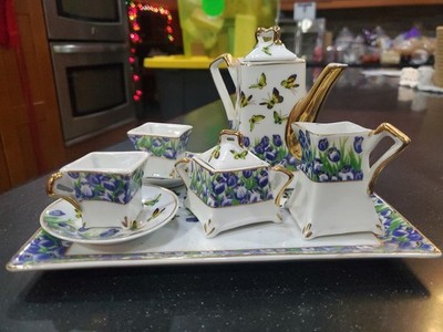 MINI Teaset For Two Vintage Porcelain Irises And Butterflies