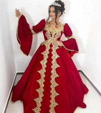 Red Wedding Dress Long Sleeve Gold Lace Appliques Muslim Arabic Dubai Morrocan