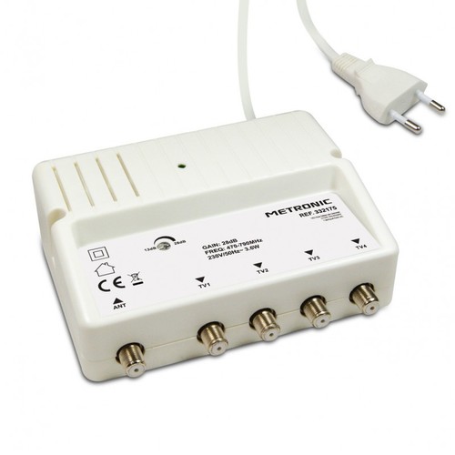 Metronic Amplificateur Répartiteur TV Blindé 4 Sorties Avec Réglage Gain + 5 Fiches Mâles Legrand Type F - 432175