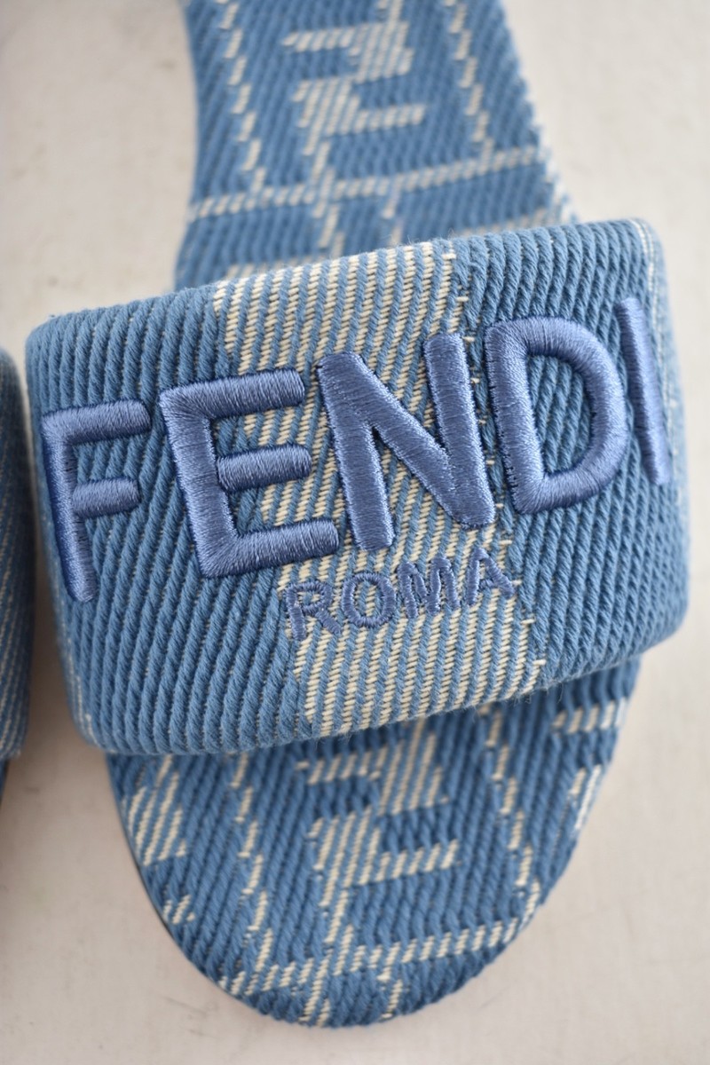 Fendi Sunshine Blue Denim Striped FF Monogram Logo Mule Slide Flat