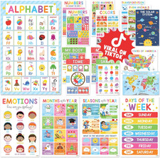 18 Laminated Preschool Learning Posters Alphabet Number Chart for Toddlers