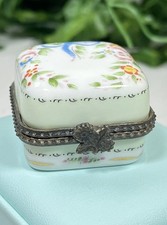 Green Trinket Box Signed PA Porcelain Art Floral Hinged Pill Box Square Vintage