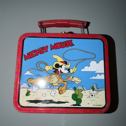 VINTAGE DISNEY Cowboy Mickey Mouse On Horse Mini Metal Lunchbox Collectible