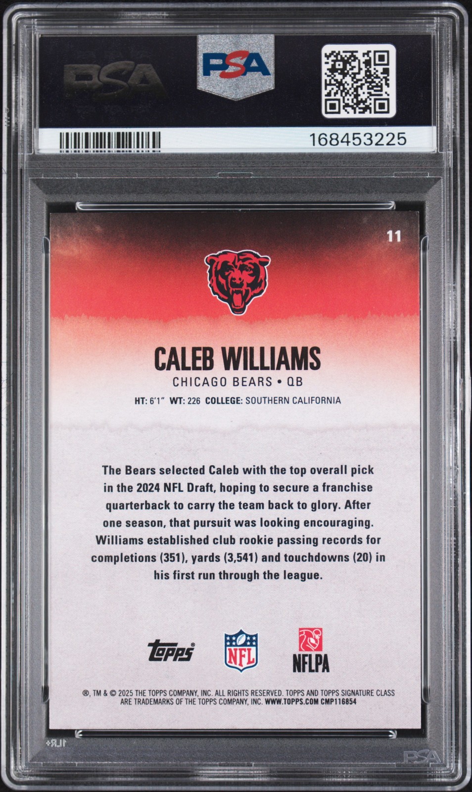 2025 TOPPS SIGNATURE CLASS PURPLE #11 CALEB WILLIAMS 26/100 PSA 9 view 2