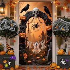 Halloween Arch Door Banner Skull Crows Pumpkins Ghosts Backdrop Front Decor