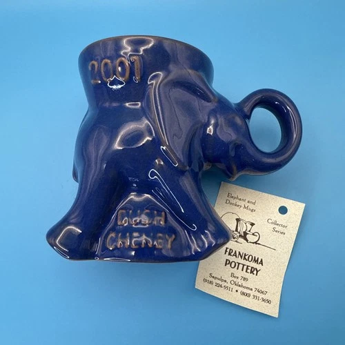 *VINTAGE ORIGINAL FRANKOMA  Blue GLAZED POTTERY  COFFEE MUG 2001- GOP ELEPHANT