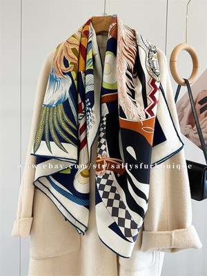 Sallys 70% Cashmere 30% Silk Wrap Scarf Feather Print Double Face Shawl 53'' Navy