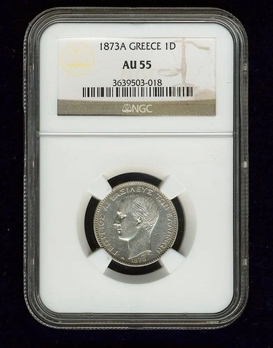 GREECE  GEORGE I  1873-A  1 DRACHMA SILVER COIN, NGC CERTIFIED AU55