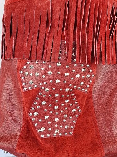 Fringed Suede Leather Shoulder Bag - Black / Red - Large - Picture 4 of 11