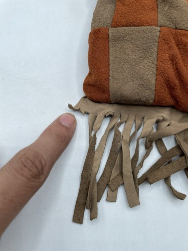 VINTAGE 70S Orange Brown Patchwork Suede Boho Drawstring Bag Fringe Hippie - Picture 8 of 13