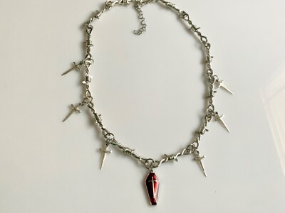 Sword Dagger Red Coffin Necklace Jewelry Barb Barbed Wire Chain Goth Punk Rock