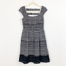 Nine West A-line Dress Size 6 Black White Cap Sleeve Eyelet Cotton Cut Out Back