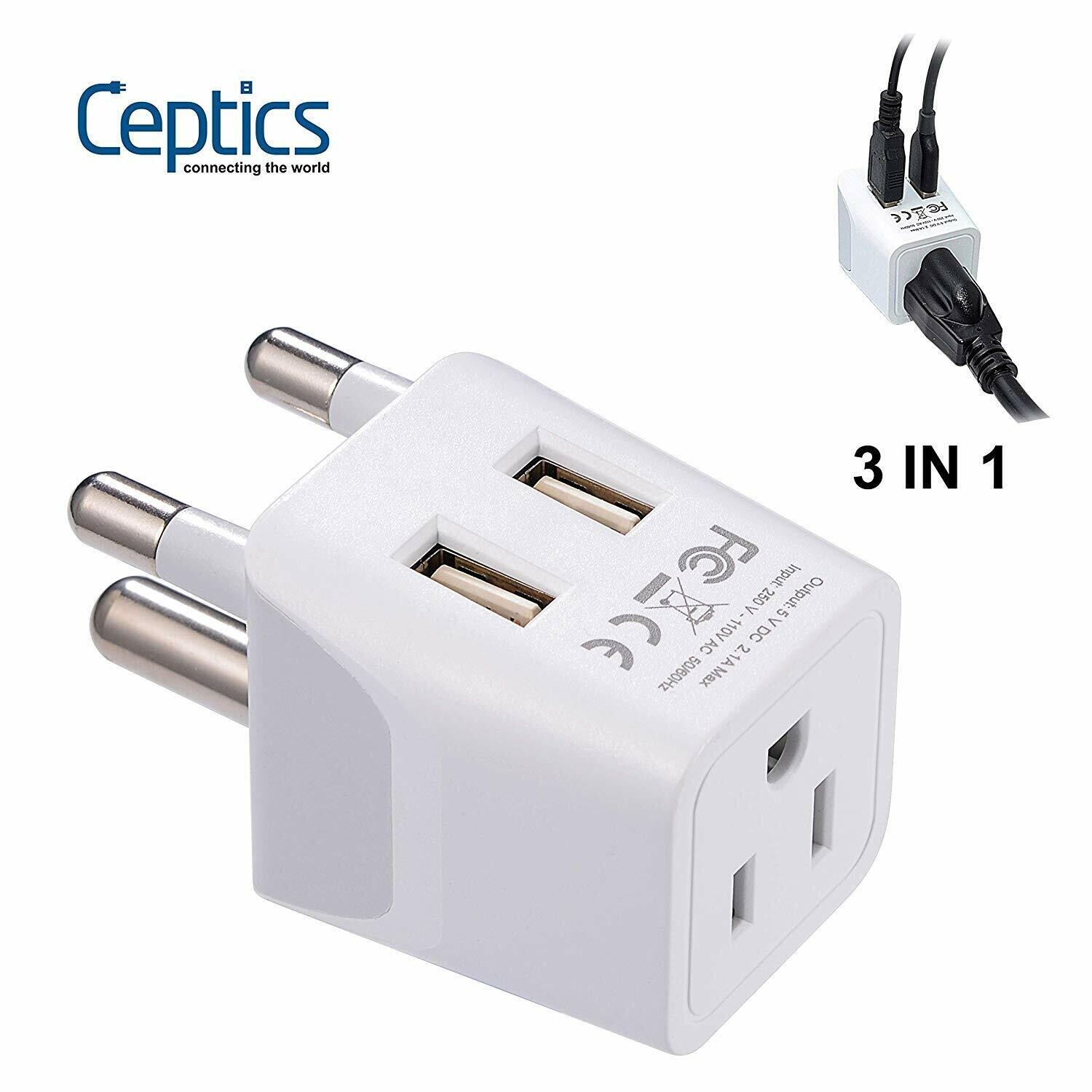 Ceptics USA to South Africa Travel Adapter Plug - Type M - Dual USB (CTU-10L)