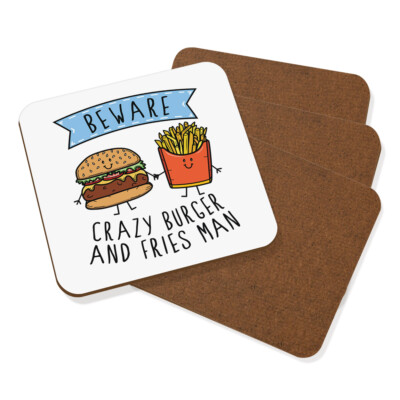 Vorsicht Crazy Burger und Pommes Mann Untersetzer Getränke Matte 4er Set Lustige Essen Chips