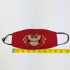 Frida Flowers Red Embroidered Face-Mask Adult Sz Hand-Made In Mexico Cubre-bocas