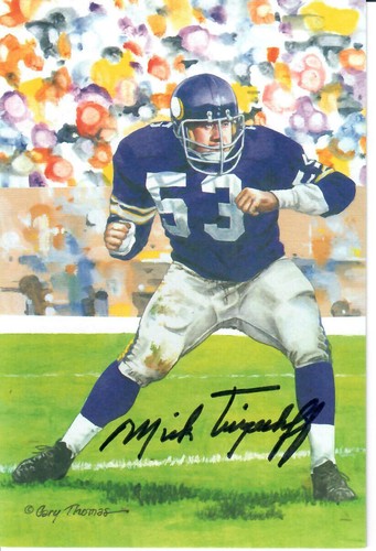 Mike Tingelhoff signierte NFL HOF Goal Line Kunstkarte GOLD GLAC Vikings
