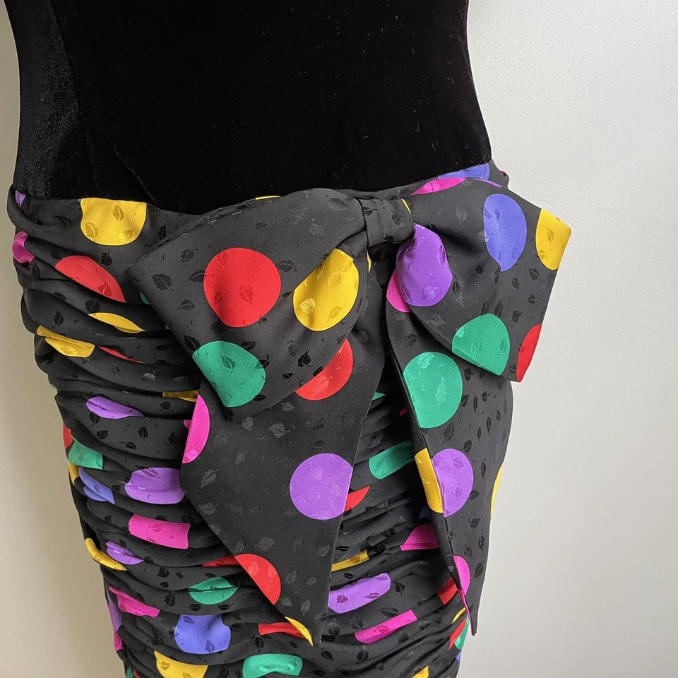 Vintage Saks Fifth Avenue Velvet Silk Polka Dot Drop Waist Party Dress Bow 10 - Image 2 of 4