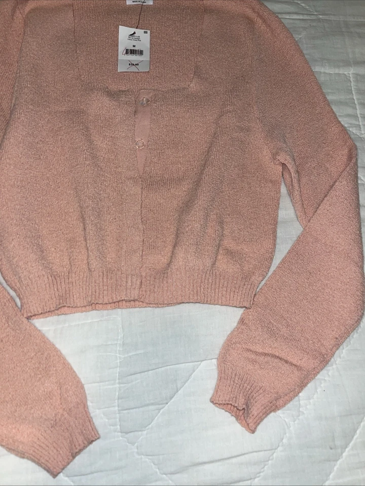 Top suéter de algodón para mujer manga larga cuello redondo rosa mediano corto Foto 4 de 4