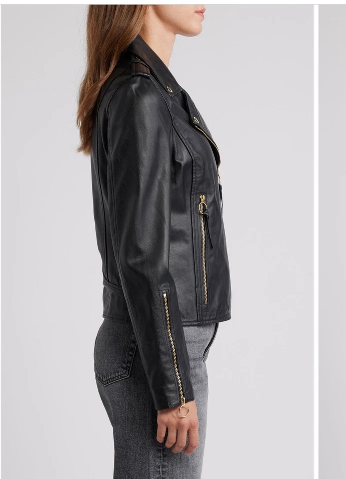 Chaqueta de Motociclista Sam Edelman Piel de Cordero Cuero Floral Negra 3XL NUEVA CON ETIQUETAS $380 Foto 2 de 4